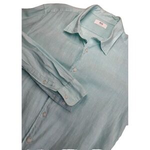 Uniqlo Mens Shirt Large Teal Linen Long Sleeve Button‎ Up Lightweight Beach
